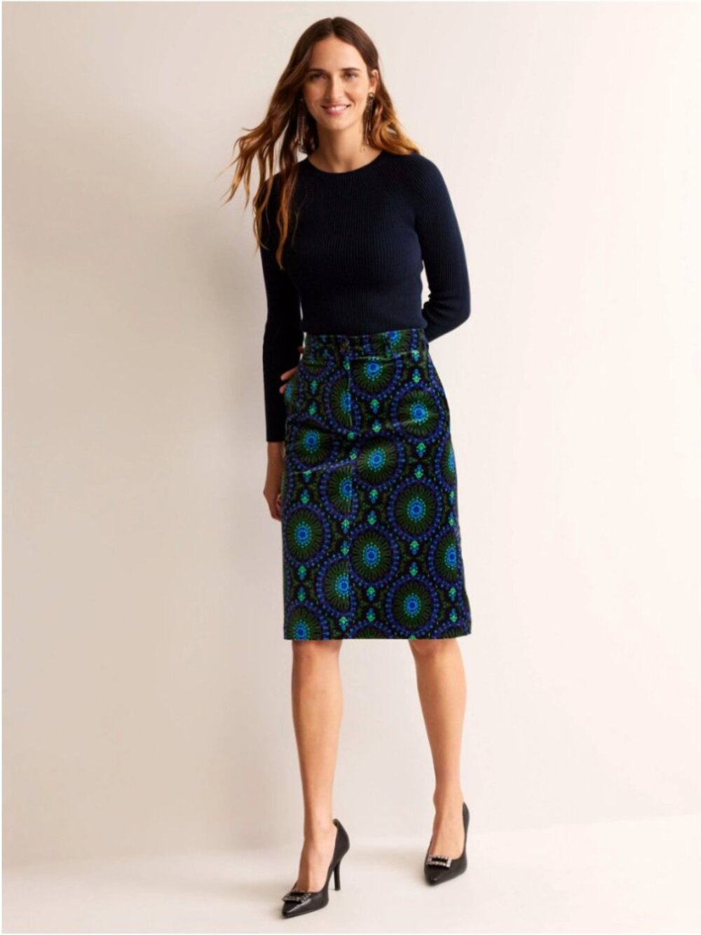 NWT Boden Margot Velvet Midi Skirt Women's 4 R Blue Green Black - Picture 2 of 13